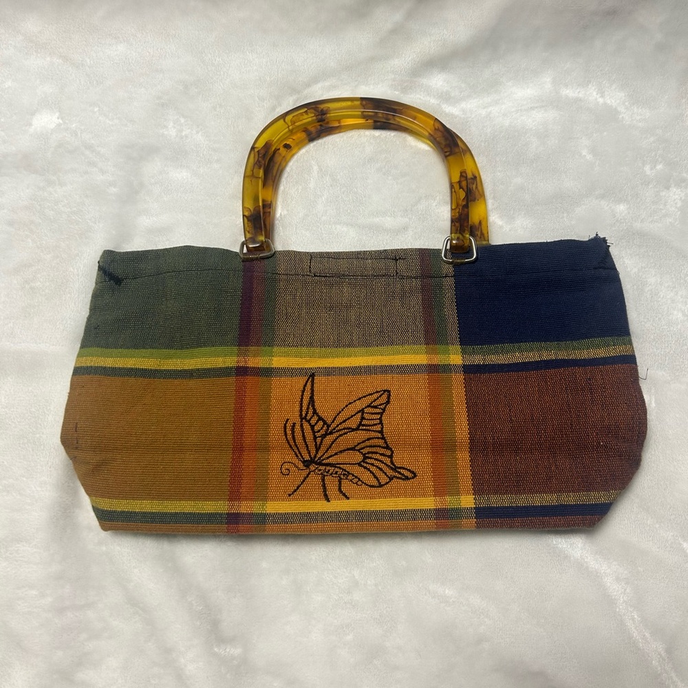 Yellow blue green plaid butterfly handle medium tote handbag purse bag